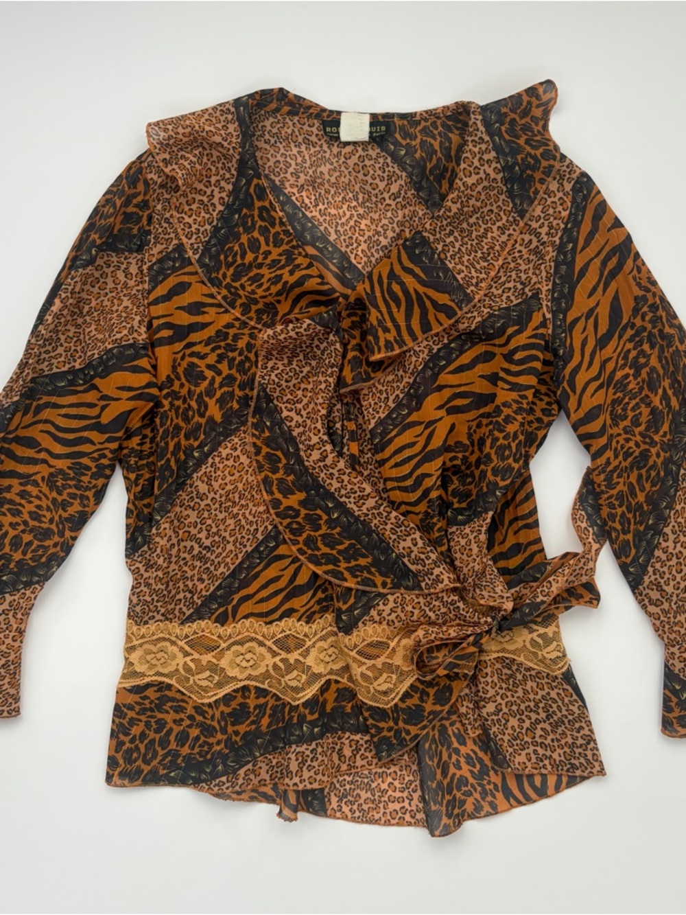 Vintage Animal Print Wrap Top | Leopard Tiger Mixed Print Blouse